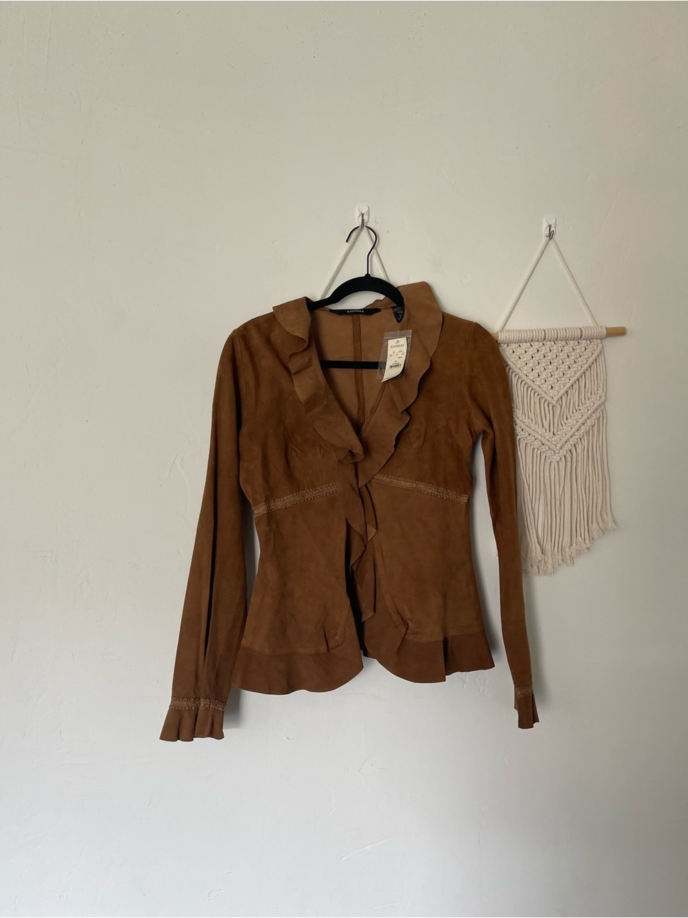 Express Vintage Leather Suede Ruffle Jacket Y2K
